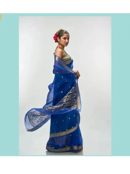 The fluid and airy nature of this cerulean blue organza saree is captured in its graceful movement. Adorned with delicate gold zari buttis and a floral pallu, it embodies the light, celebratory spirit of the Champa collection.