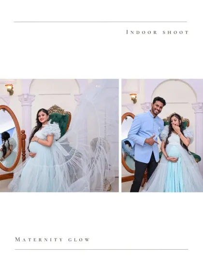 A promotional graphic for our "Maternity Glow" indoor shoots. It features a playful couple's moment and a beautiful solo portrait, both set in our elegant, vintage-inspired studio.