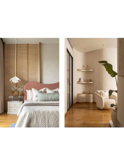 The language of curves flows through the KAIA home, from the soft, sculptural headboard in the master bedroom to the elegant curved wall that defines the entryway. This repetition of form creates a sense of harmony and gentle movement throughout the apartment.