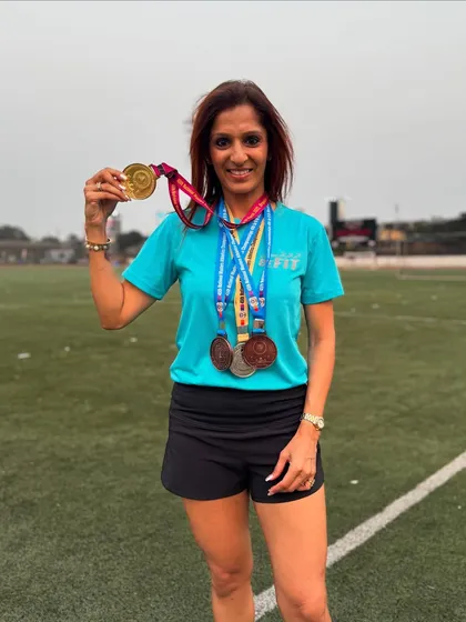 Celebrating our athlete Maithili Agasti, who brought home a haul of medals from the national masters championship: gold in 400m hurdles, silver in the 4x100 relay, and bronze in both the 200m and 400m. An amazing all-around performance!