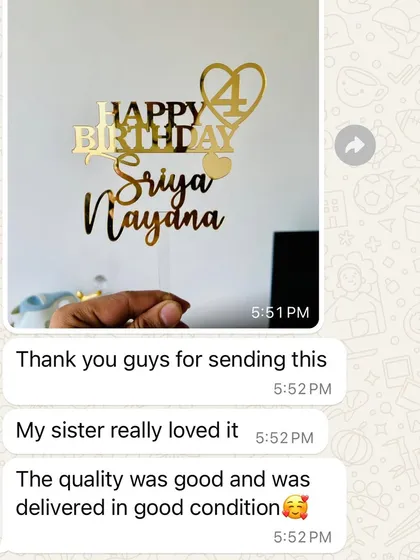 "My sister really loved it. The quality was good and was delivered in good condition." It's wonderful to know my toppers are making celebrations special for your loved ones.