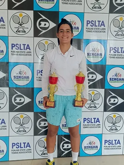 Riya Sachdeva with her trophies after winning both the singles and doubles categories at the U16 Asian Category-1 tennis tournament in Jalandhar.