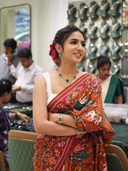 The client looking happy and radiant. I love creating looks that make my clients feel their best.