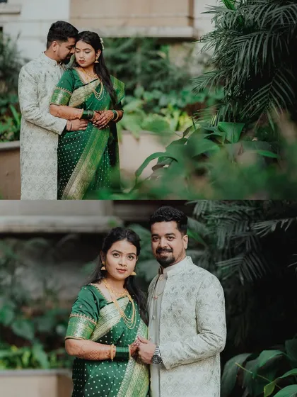 A collage of two portraits from an engagement shoot in a beautiful garden setting. It shows both a candid, intimate moment and a more formal, posed shot, showcasing versatility.