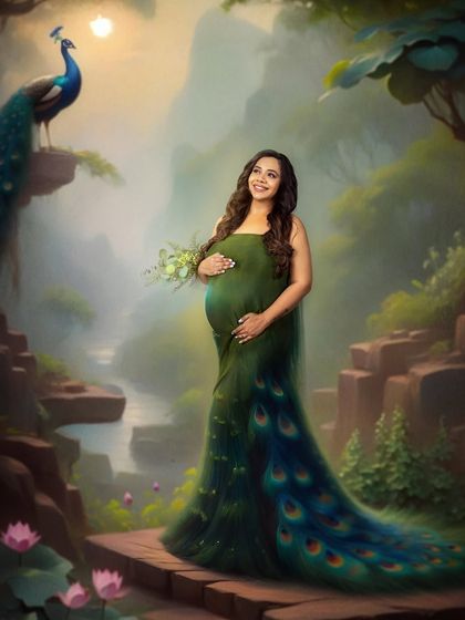 A masterpiece of digital art. I combined a studio portrait with a painted background of a peacock and a mystical landscape to create this breathtaking, customized image.