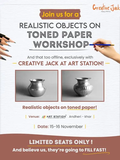 An announcement for a "Realistic Objects on Toned Paper" workshop, showing examples of the metallic texture and form you can learn to draw.