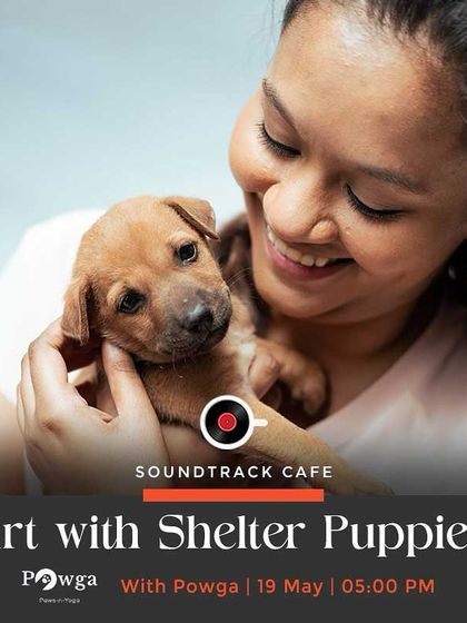 An event poster for our Art with Shelter Puppies session at Soundtrack Cafe in Pune.