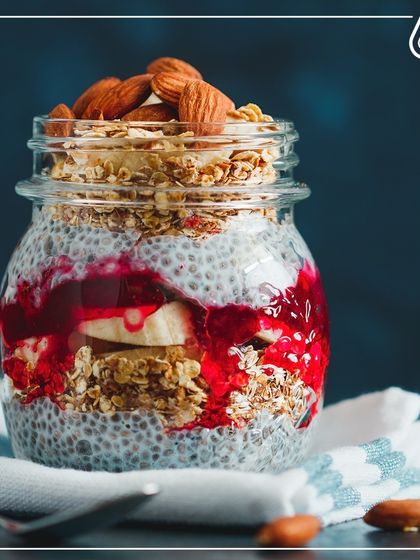 Our chia seed pudding is a customer favorite for a reason. Layered with fruit puree, fresh banana, and crunchy almonds, it's a fiber-rich and satisfying breakfast or dessert.