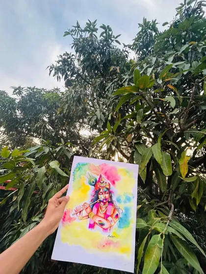Another shot of the Krishna Holi painting, showing the blend of watercolors that create a dreamy, colorful background.