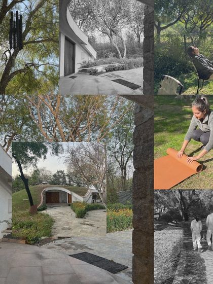 A creative collage blending the unique architecture of the retreat center with moments of practice and relaxation. It highlights the aesthetic and peaceful nature of our weekend getaways.
