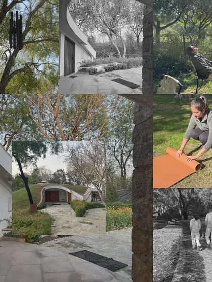 A creative collage blending the unique architecture of the retreat center with moments of practice and relaxation. It highlights the aesthetic and peaceful nature of our weekend getaways.