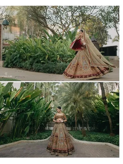 A diptych of Pallavi's bridal portraits in Thailand. These shots showcase her stunning lehenga against the lush tropical greenery of the resort.