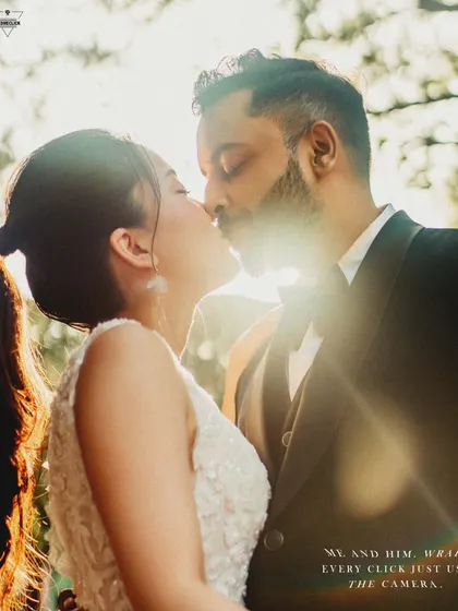 Bathed in the soft glow of the golden hour, this intimate kiss captures the pure connection between the couple. I focus on finding the perfect natural light to create a warm, dreamy atmosphere, allowing your natural chemistry to shine without forced poses. This is a perfect example of a candid NRI couple portrait.