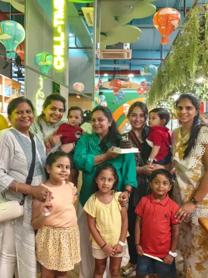 Three generations of family celebrate a birthday together at Tingaland, showing that fun here is for all ages.