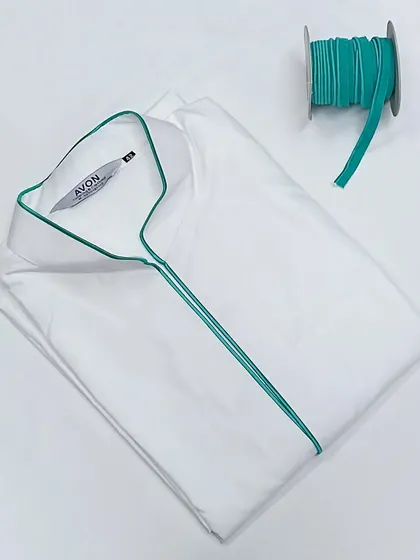 A crisp white saya kurta is given a pop of color with this turquoise piping. You can choose from many colors to customize your look.