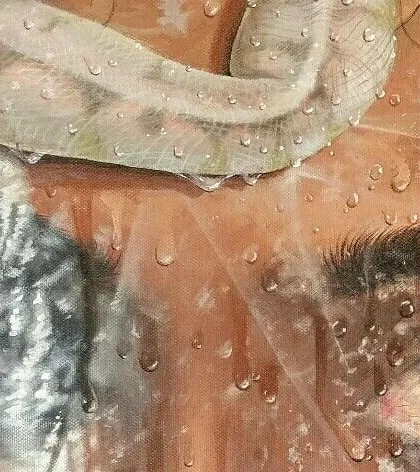 A detailed view of 'Fear', focusing on the texture of the python's skin and the water droplets on the plastic wrap. Each element is painted to be hyperrealistic, making the surreal concept feel tangible.
