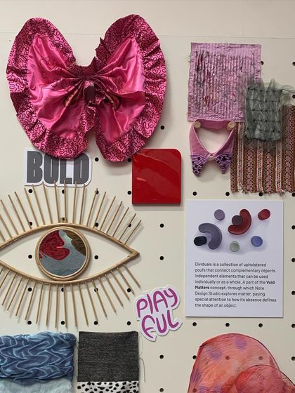 A material and mood board for the 'We/Us' trend, showcasing our process of translating a concept into a physical palette. The collection of bold, playful, and tactile items guided our design for a space that celebrates ungendered expression and confidence.