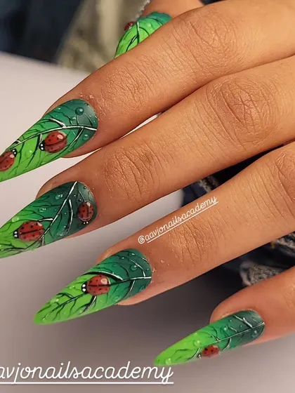 This is where nail art becomes storytelling. For my monsoon series, I created these stiletto nails with detailed, hand-painted green leaves, complete with tiny ladybugs and realistic 3D water droplets, bringing a touch of nature to your fingertips.