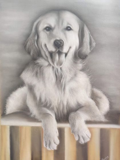 That happy, tongue-out smile is what being a dog is all about. This charcoal portrait of a Golden Retriever was all about capturing that joyful energy and friendly spirit.