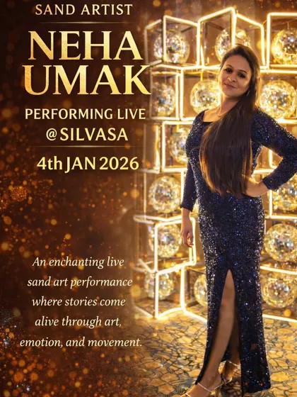 This poster announced my performance at a wedding anniversary in Silvassa. The elegant design reflects the enchanting nature of a live sand art show.