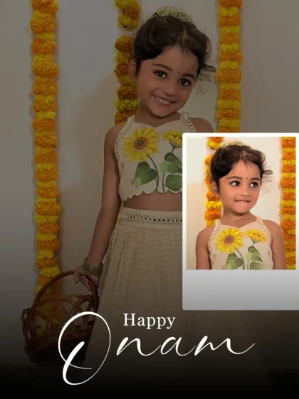 A happy Onam moment captured in our sunflower lehenga. These outfits are designed to be as bright and joyful as the festivals they are worn for, ensuring your child feels special.