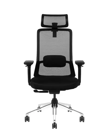 A frontal view of the high-back black ergonomic chair.