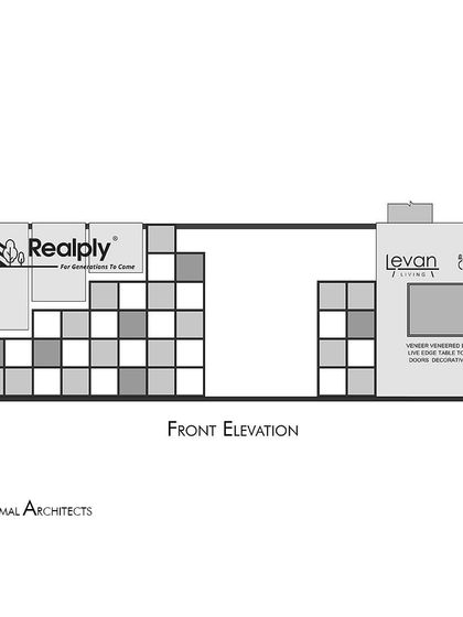 The front elevation drawing for the Realply '23 exhibition stall. This technical drawing illustrates the intended composition of the facade, including the multi-layered veneer display and branding placement.