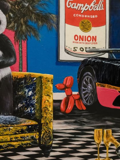 A close-up of the "Pagani, Prada & pandemonium" painting, showing a Jeff Koons-inspired balloon dog next to a Warhol-esque Campbell's soup poster.