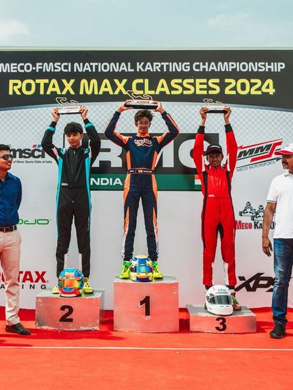 The podium ceremony at the CoASTT circuit in Coimbatore for Round 3 of the 2024 National Karting Championship.