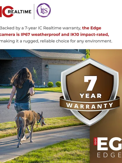 Durability is a key feature of the IC Realtime Edge camera. It is IP67 weatherproof and IK10 impact-rated, making it a rugged and reliable choice for any environment, backed by a 7-year warranty.