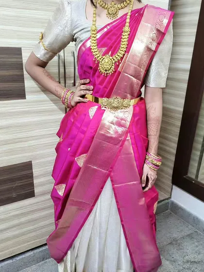 The front view of the can-can butterfly draping. This style is popular for half-saree functions and gives a youthful, celebratory feel.