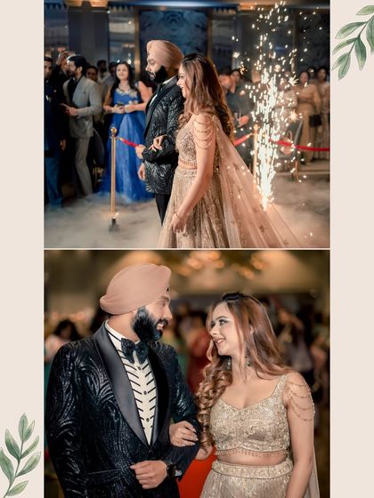 A collage capturing the couple's grand entrance. The sparklers, the crowd, and their joyful expressions all contribute to the energy and excitement of this celebratory moment.