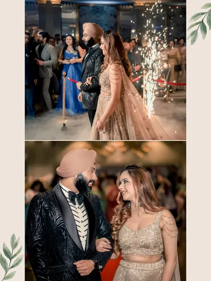 A diptych showing Simran and Sanjit's grand entrance, with a close-up on their happy, knowing glances, perfectly capturing the excitement of the moment.