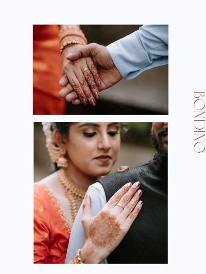 A collage focusing on the theme of bonding. It combines a close-up of their hands with a tender portrait, telling a story of connection and intimacy.