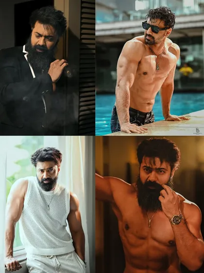 A collage summarizing Dev Adhikari's diverse looks from our shoot. It features everything from a formal jacket to a shirtless poolside shot, highlighting his incredible range as a subject.