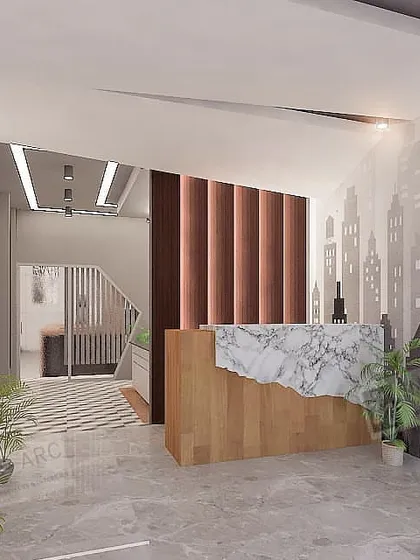 A 3D render of a proposed office reception area. The design features a unique reception desk with a fractured marble look, wood paneling, and an angular ceiling design to create a dynamic and modern entrance.