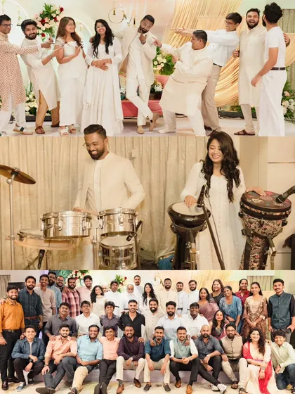 A collage of fun moments from an engagement party, including live music performances and energetic group dances. We help create a lively and celebratory atmosphere.