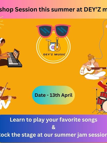 An announcement for our summer workshop session, where students learn to play their favorite songs and rock the stage at our jam session.