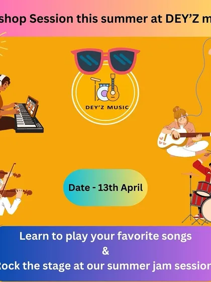 An announcement for our summer workshop and jam session. These events are designed to teach students how to play their favorite songs and rock the stage as a group.