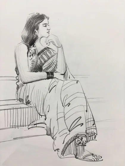 A graceful figure sketch of a woman sitting. I used flowing lines to describe the drape of her saree and her relaxed, thoughtful pose.
