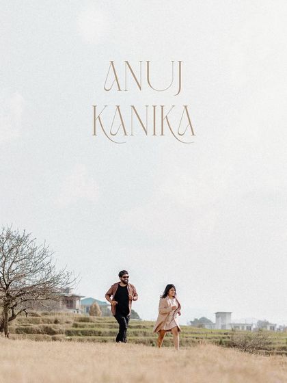 An artistic composition with the couple running in the distance under a vast sky in Bir Billing, with their names elegantly overlaid.