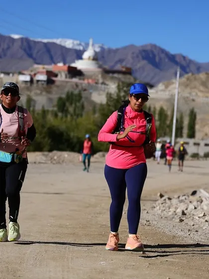 Pacing together during a high-altitude run in Ladakh. The buddy system is a key part of our group strategy for tough races.