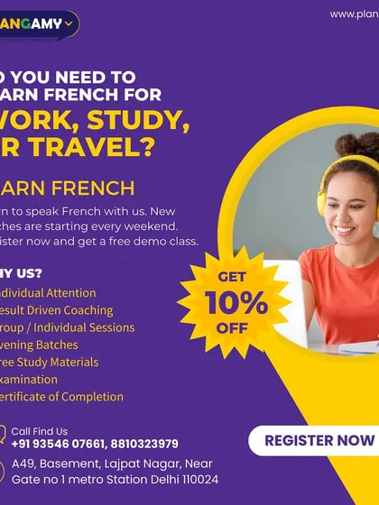 Learn French for work, study, or travel with a special 10% discount. Our courses offer individual attention, free study materials, and a certificate of completion.
