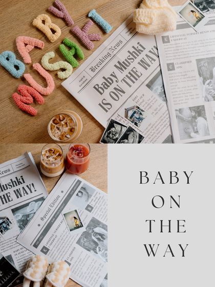 A beautiful flat-lay of all the elements from their creative announcement: the custom newspaper, ultrasound photos, and adorable baby name letters.