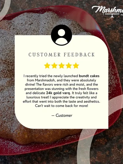 It makes me so happy to read your feedback. This customer loved the luxurious feel of my Bundt cakes, highlighting the moist texture and the stunning presentation with fresh flowers and 24k gold varq.