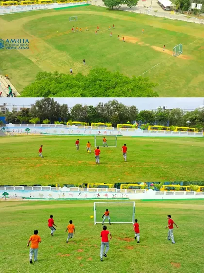 Students playing football on the large school ground at Amrita International Vidyalayam, captured from various aerial heights to show the scale of the facilities.
