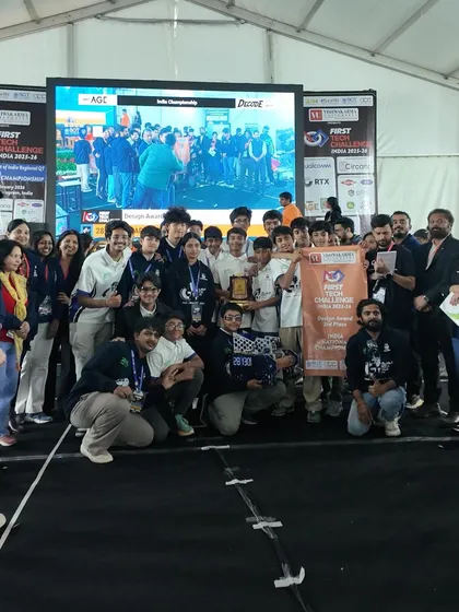 A proud moment for our six FTC teams, five of which were rookies, after winning six awards at the India Championship. This group photo celebrates the incredible achievement and the hard work of every student and mentor.