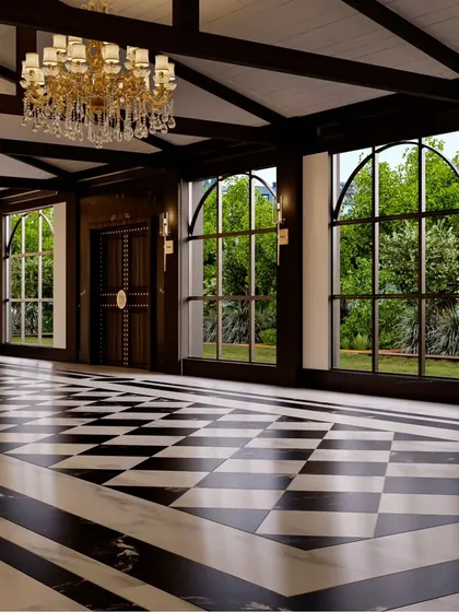 This is one of the early 3D renders for the Gallops project, showing the view towards the large arched windows. Renders are a crucial tool for me to visualize and communicate the design direction to my clients before construction begins.