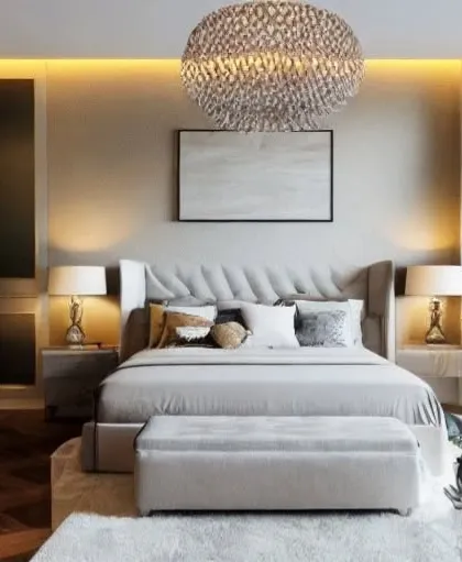 A bright and airy bedroom design that brings the outdoors in. Floor-to-ceiling windows, abundant plants, and a neutral color palette create a biophilic space that is both refreshing and luxurious, complete with a statement woven chandelier.