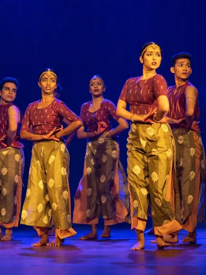 A moment of perfect synchronization from our 'Rasadrishta' production. Our group performances focus on cohesive storytelling, bringing ancient emotions to life on the modern stage through classical dance.